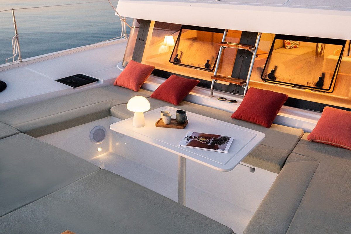 Bali Catspace under sail showing its distinctive solid foredeck