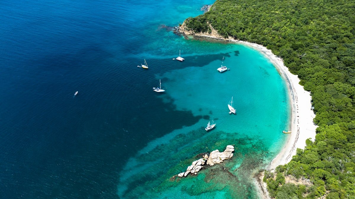 Cruising catamaran at anchor in a calm bay