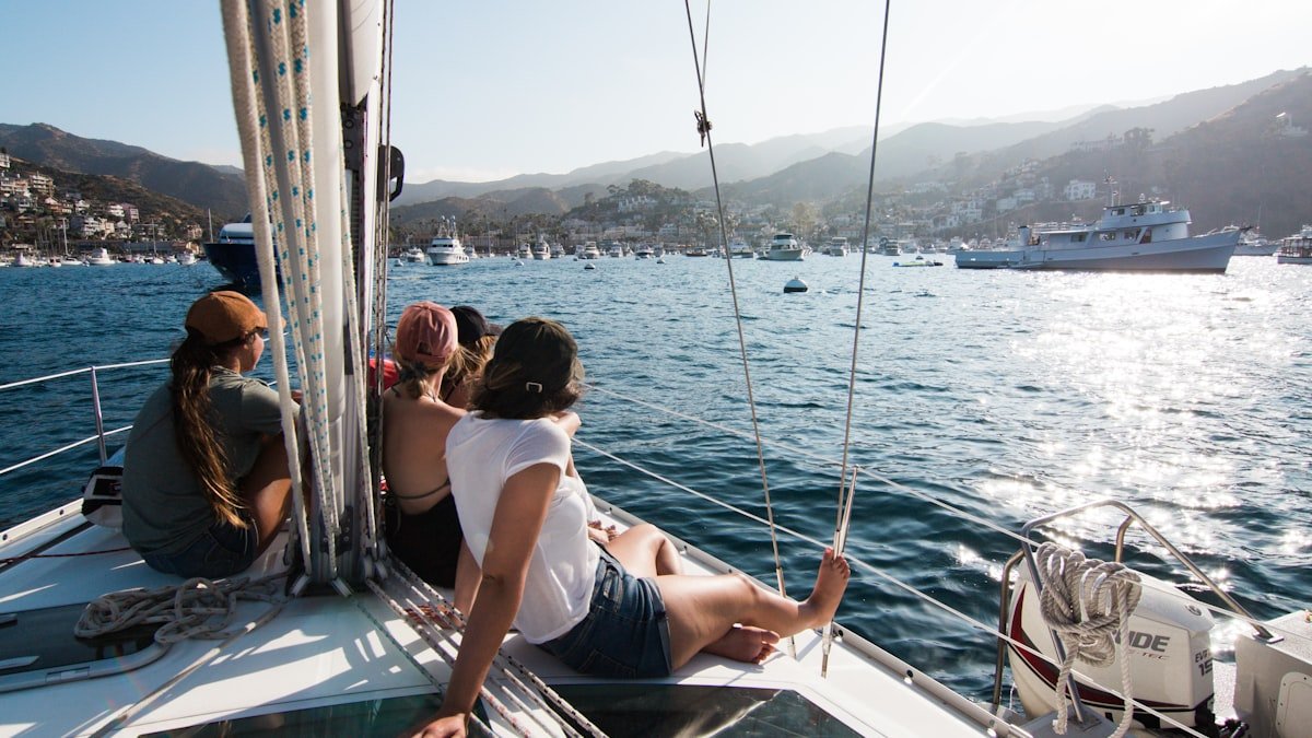 Deck saloon sailboat in a Mediterranean marina